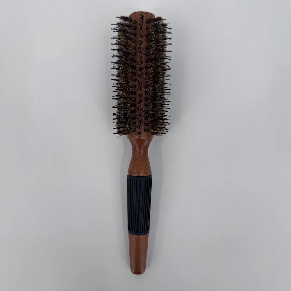 BESTOOL Round Hair Brush Brown Wood Handle Nylon Bristle Rubber Grip 9 In Style